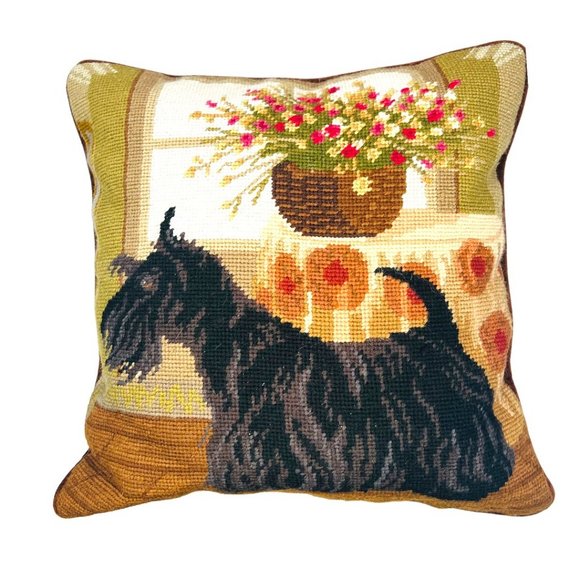 Vintage Needlepoint Scottish Terrier Dog Roses 17"x12"  rectangular Pillow - Picture 2 of 10